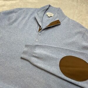 Cashmeren Mens Cashmere Henley Sweater Size XXL Blue Faux Suede Elbow Patches